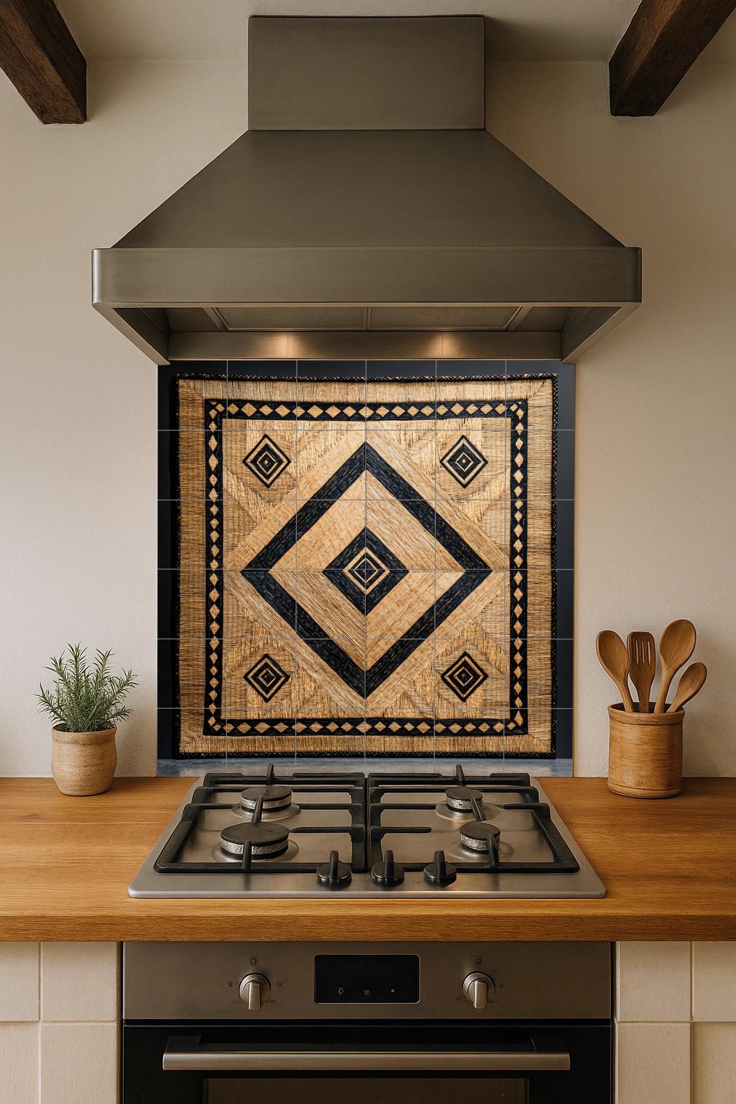 Balinese tropical ceramic mural: diamond pattern woven in natural palm with black details. Island-inspired wall art for luxury interiors.
