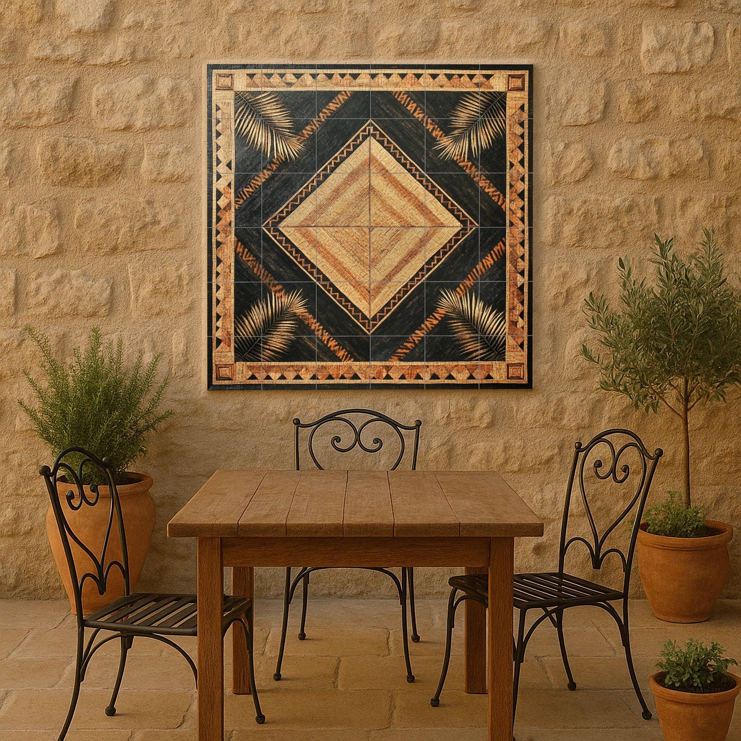 Banig Mat Filipino Ceramic Mural: Diamond-shaped palm leaf design with tribal border, woven fiber-inspired tile panel, Southeast Asian wall art