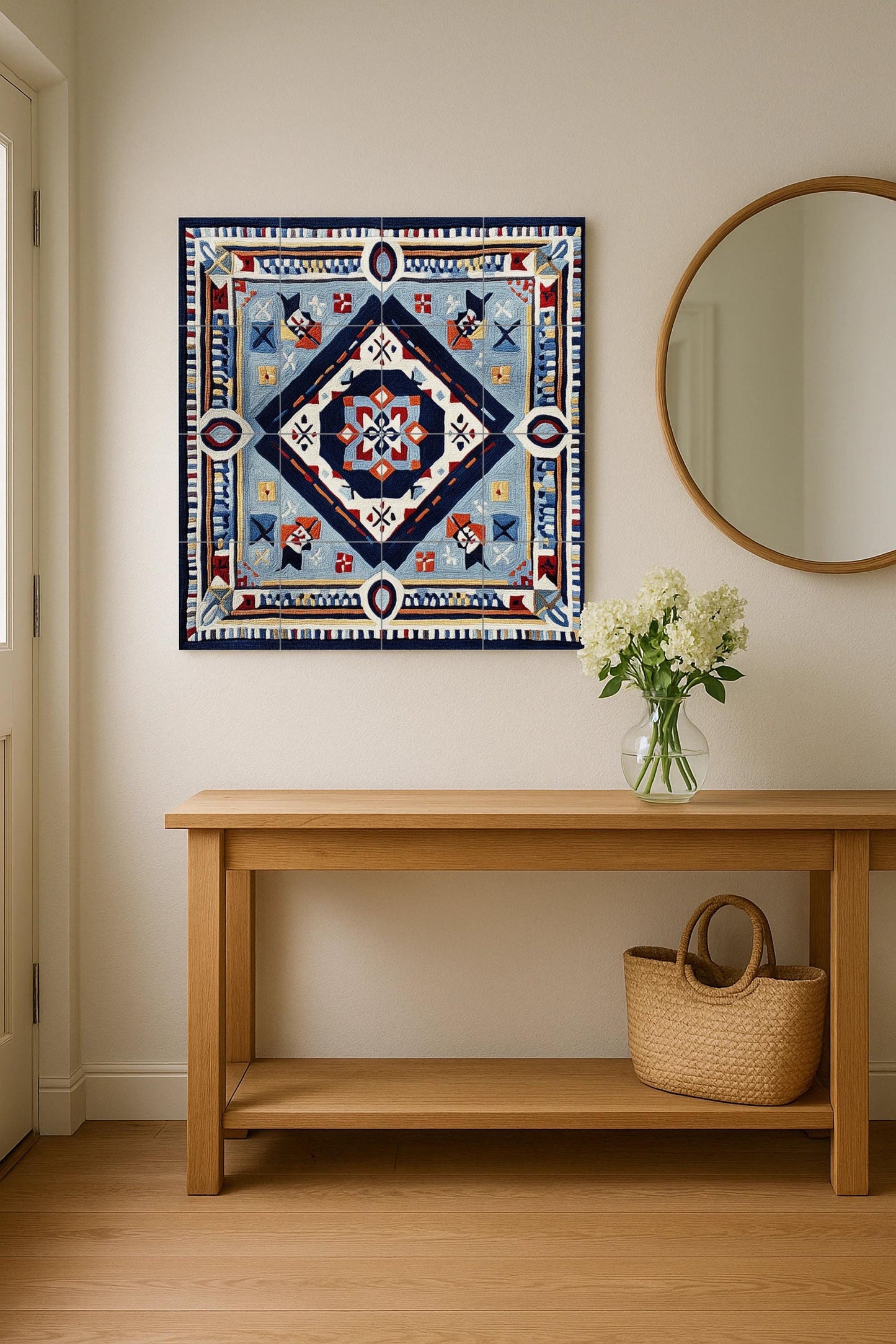 Abstract geometric ceramic mural: Bold symmetry mural art in blue, red and gold, contemporary ornamental tile panel with graphic design.