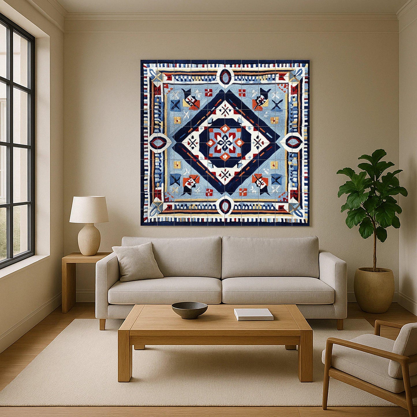 Abstract geometric ceramic mural: Bold symmetry mural art in blue, red and gold, contemporary ornamental tile panel with graphic design.