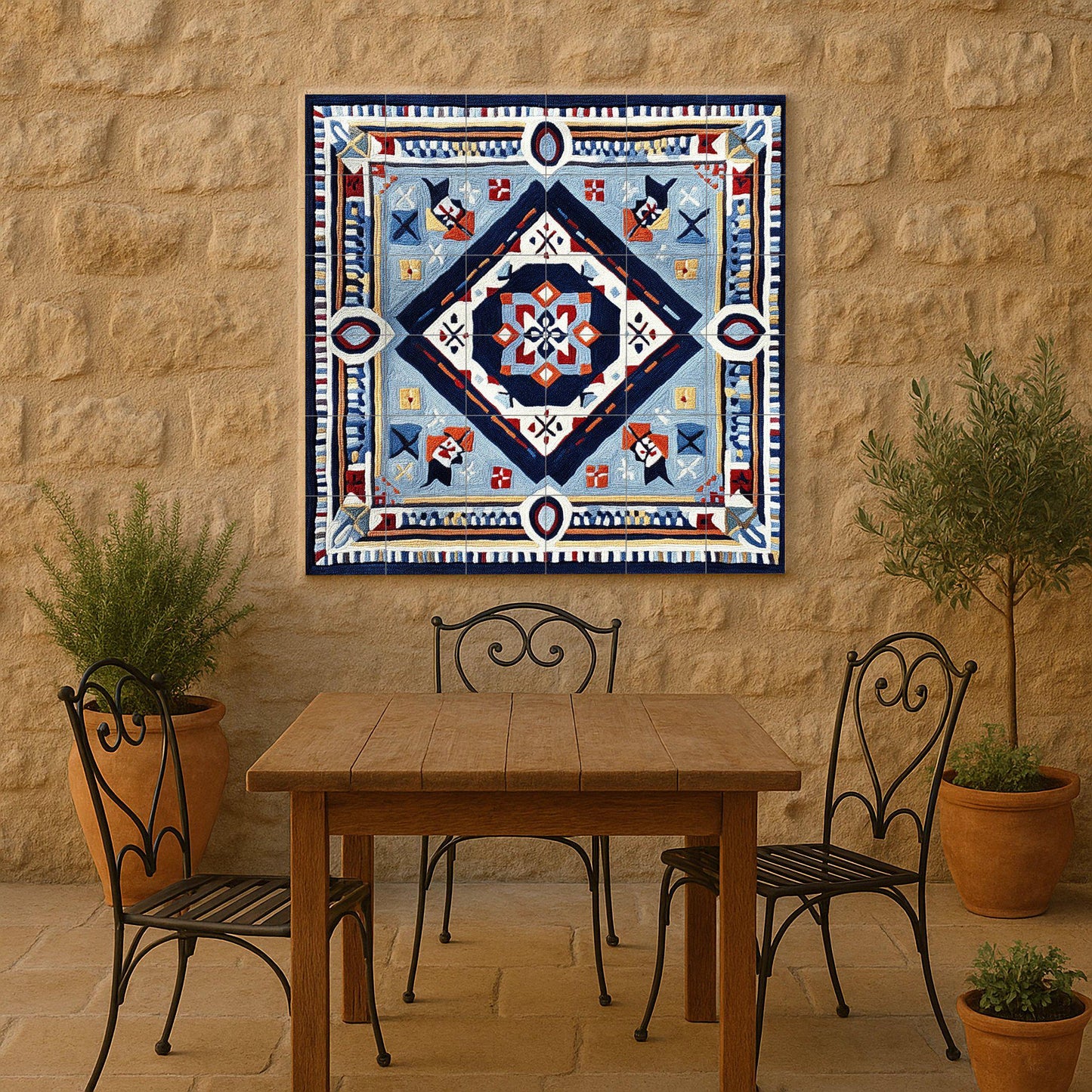 Abstract geometric ceramic mural: Bold symmetry mural art in blue, red and gold, contemporary ornamental tile panel with graphic design.
