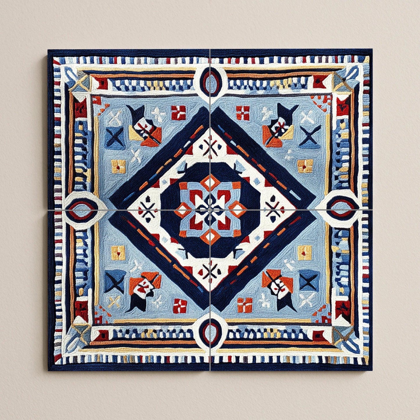 Abstract geometric ceramic mural: Bold symmetry mural art in blue, red and gold, contemporary ornamental tile panel with graphic design.