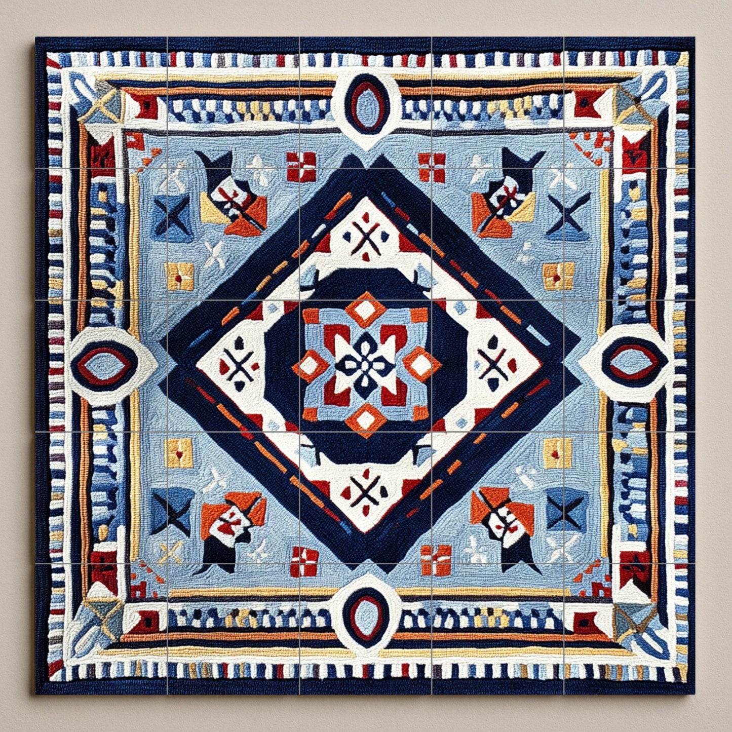Abstract geometric ceramic mural: Bold symmetry mural art in blue, red and gold, contemporary ornamental tile panel with graphic design.