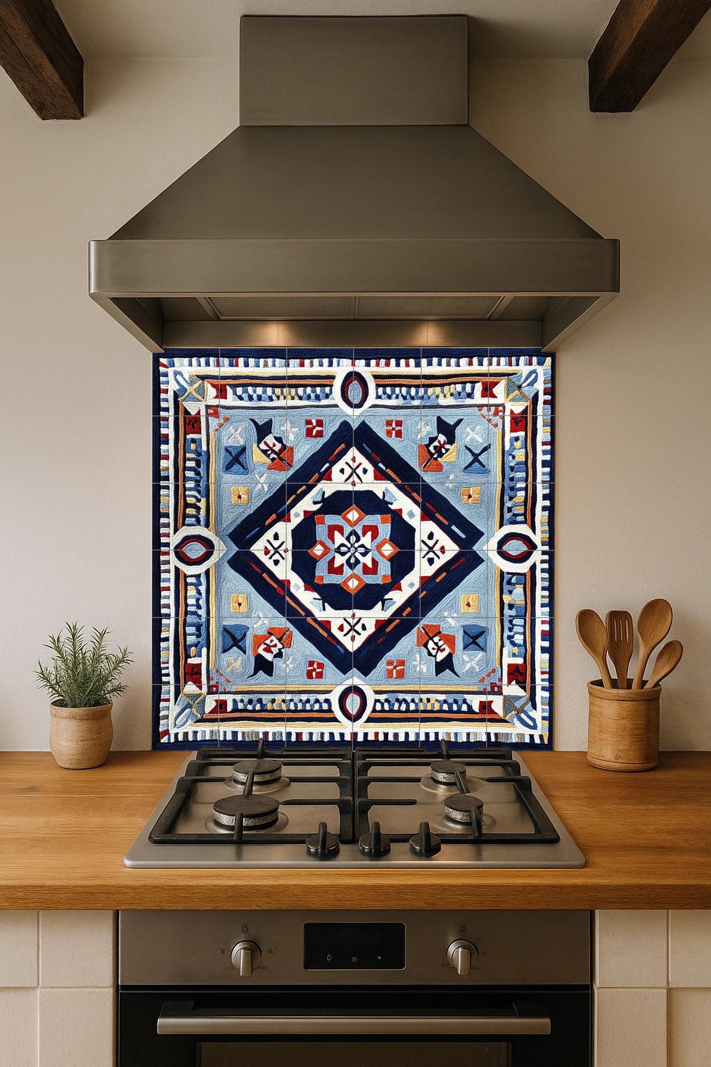 Abstract geometric ceramic mural: Bold symmetry mural art in blue, red and gold, contemporary ornamental tile panel with graphic design.