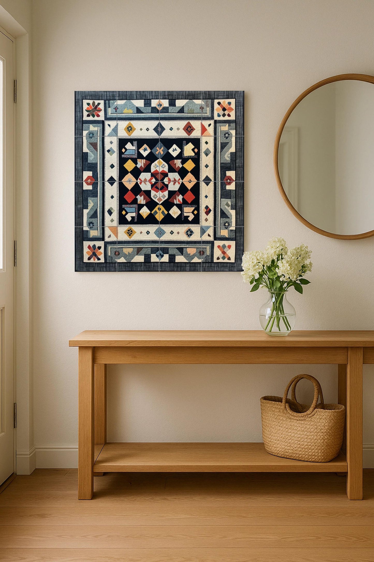 Finnish ceramic mural Ryijy: Scandinavian folk textile art in Nordic colors, inspired by the design of Helsinki, Turku and Tampere.