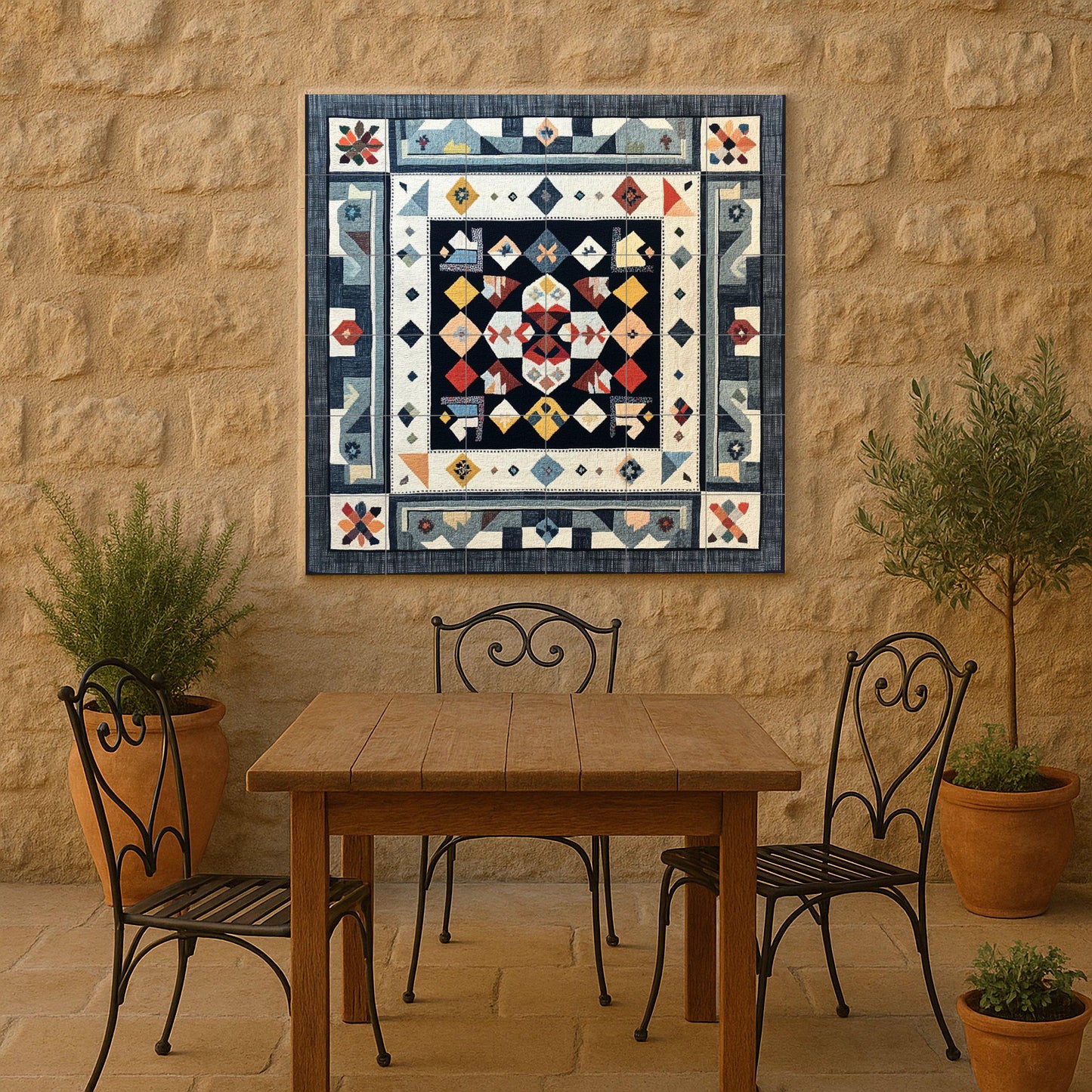 Finnish ceramic mural Ryijy: Scandinavian folk textile art in Nordic colors, inspired by the design of Helsinki, Turku and Tampere.