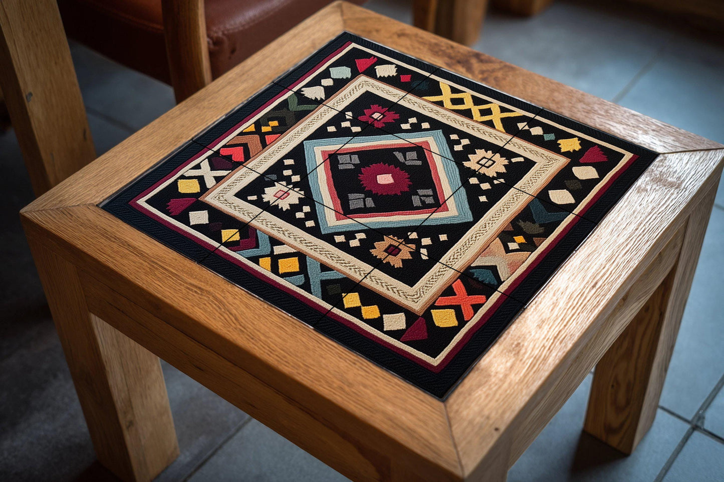 Ceramic mural with Finnish Ryijy carpet: Nordic geometric tapestry, tile panel with folk embroidery motif, Scandinavian heritage wall art