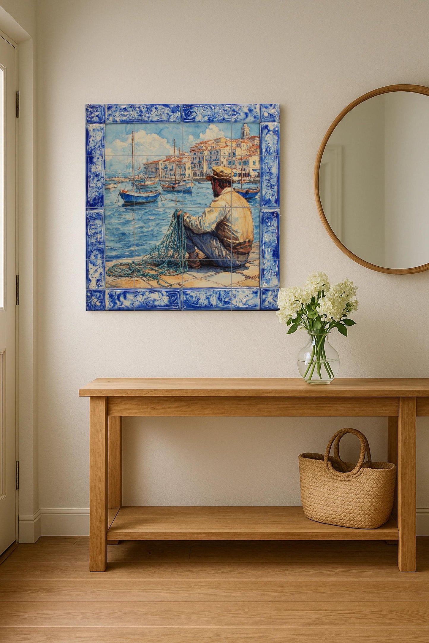 Ceramic mural of coastal fishing in Sardinia: Mediterranean port scene inspired by Alghero, Cagliari and Bosa, traditional Italian tile art.