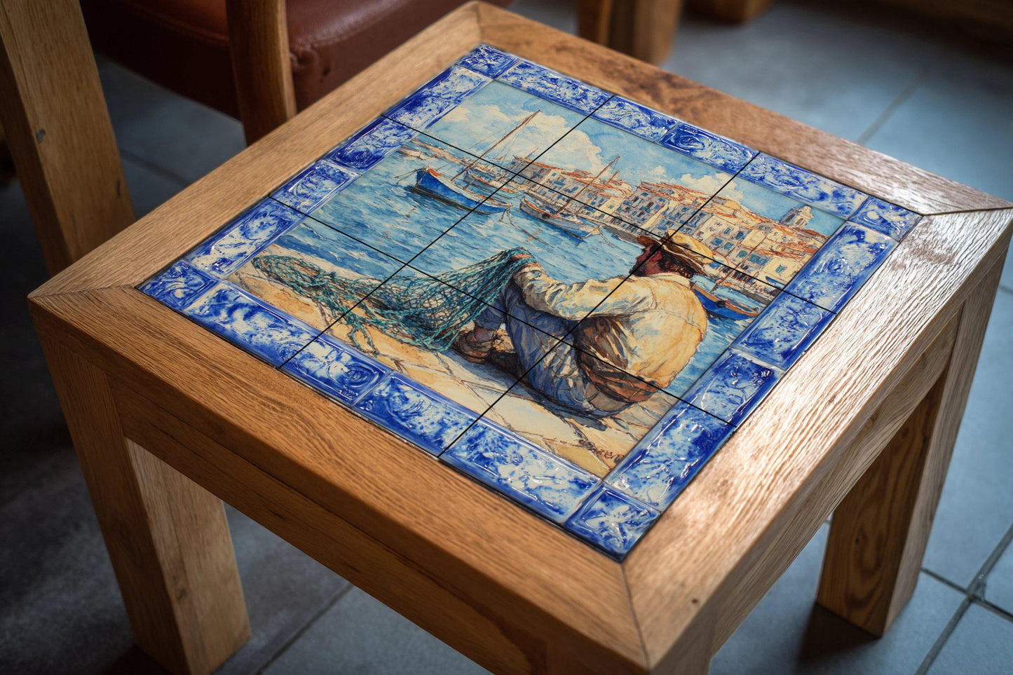 Ceramic mural of coastal fishing in Sardinia: Mediterranean port scene inspired by Alghero, Cagliari and Bosa, traditional Italian tile art.
