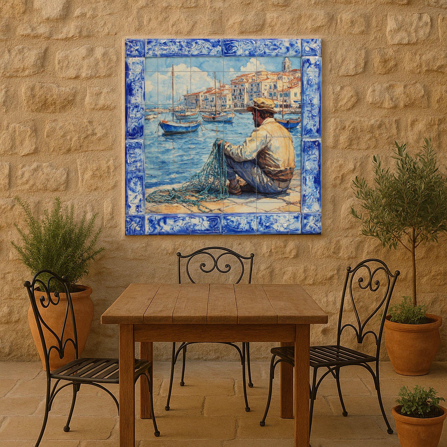 Ceramic mural of coastal fishing in Sardinia: Mediterranean port scene inspired by Alghero, Cagliari and Bosa, traditional Italian tile art.