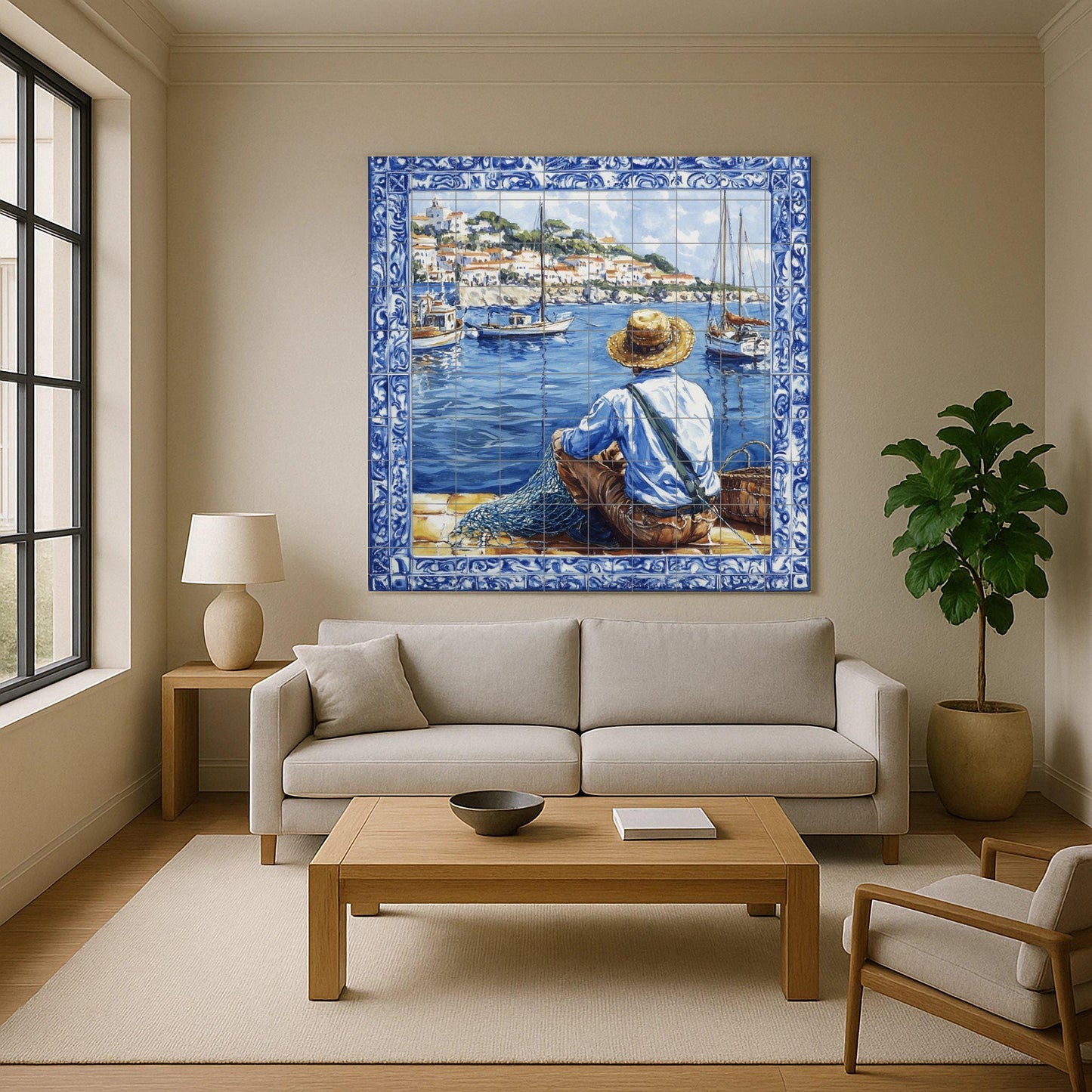 Ceramic mural from the Adriatic coast of Croatia: scene of fishermen and boats, inspired by Dubrovnik, Split, Rovinj and Hvar, Mediterranean heritage art.