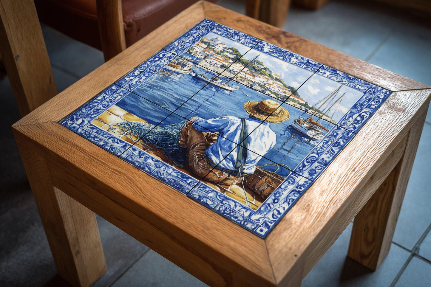 Ceramic mural from the Adriatic coast of Croatia: scene of fishermen and boats, inspired by Dubrovnik, Split, Rovinj and Hvar, Mediterranean heritage art.