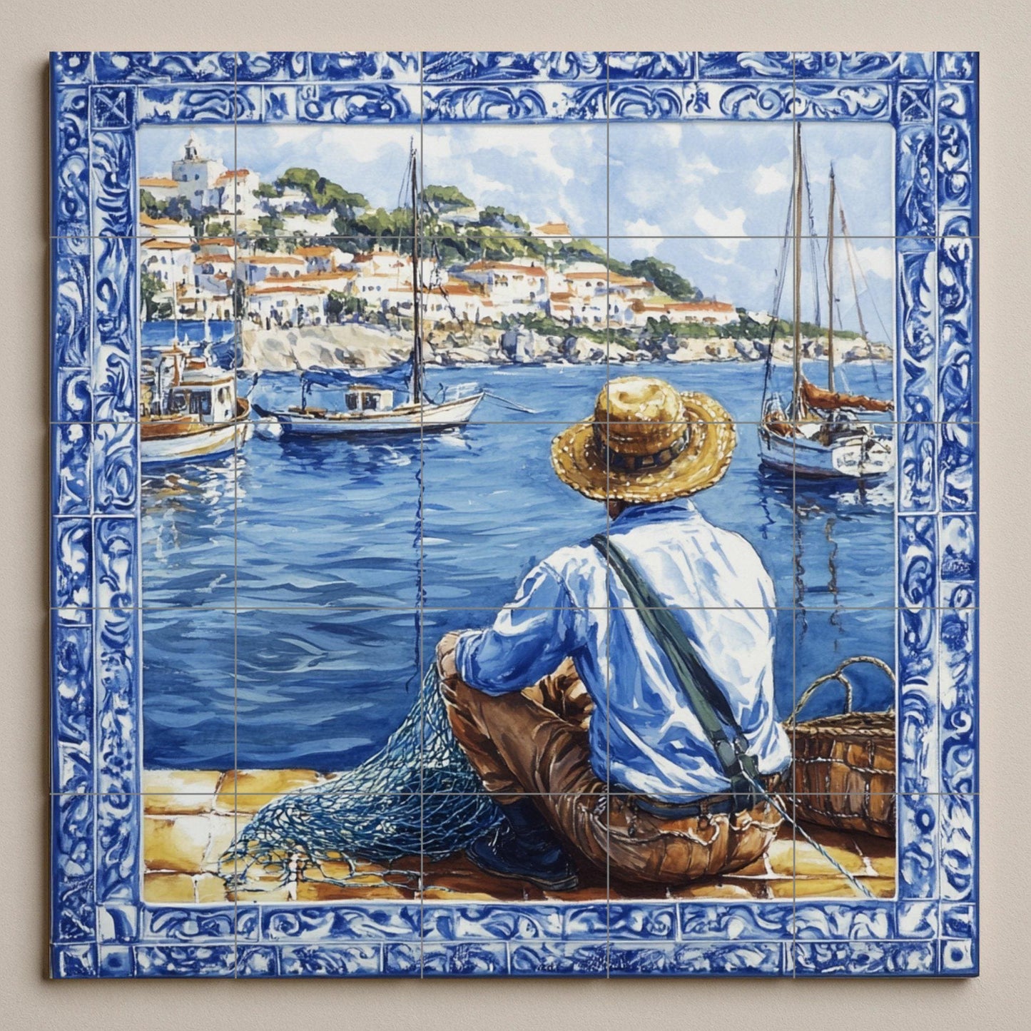 Ceramic mural from the Adriatic coast of Croatia: scene of fishermen and boats, inspired by Dubrovnik, Split, Rovinj and Hvar, Mediterranean heritage art.