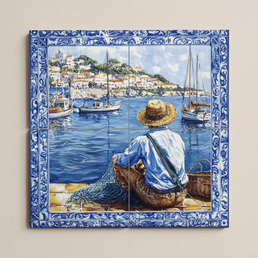 Ceramic mural from the Adriatic coast of Croatia: scene of fishermen and boats, inspired by Dubrovnik, Split, Rovinj and Hvar, Mediterranean heritage art.