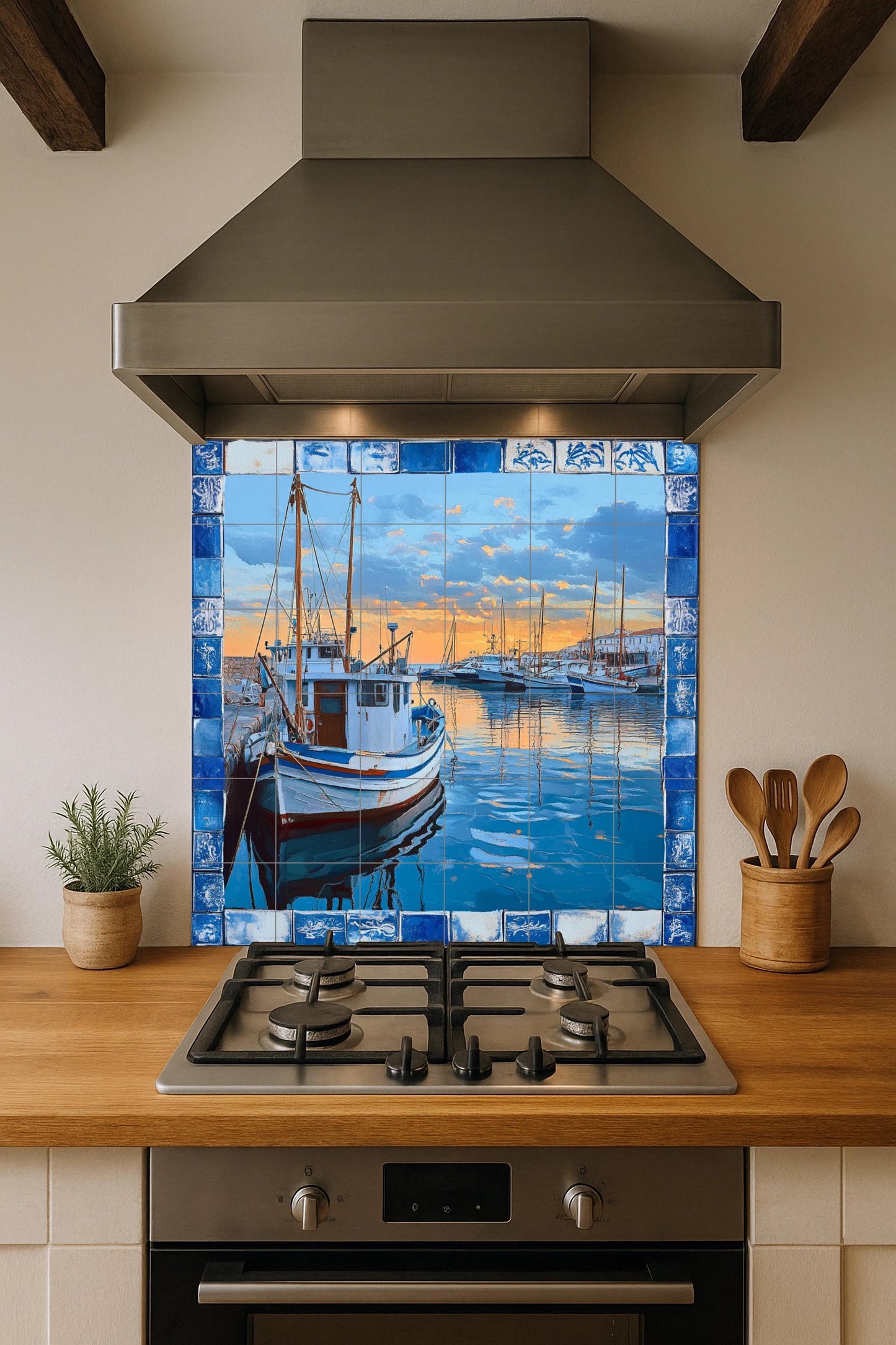 Ceramic mural of the fishing port of the Costa Brava: scene of a boat with reflections of the sunset, inspired by Cadaqués, Palamós and Calella de Palafrugell