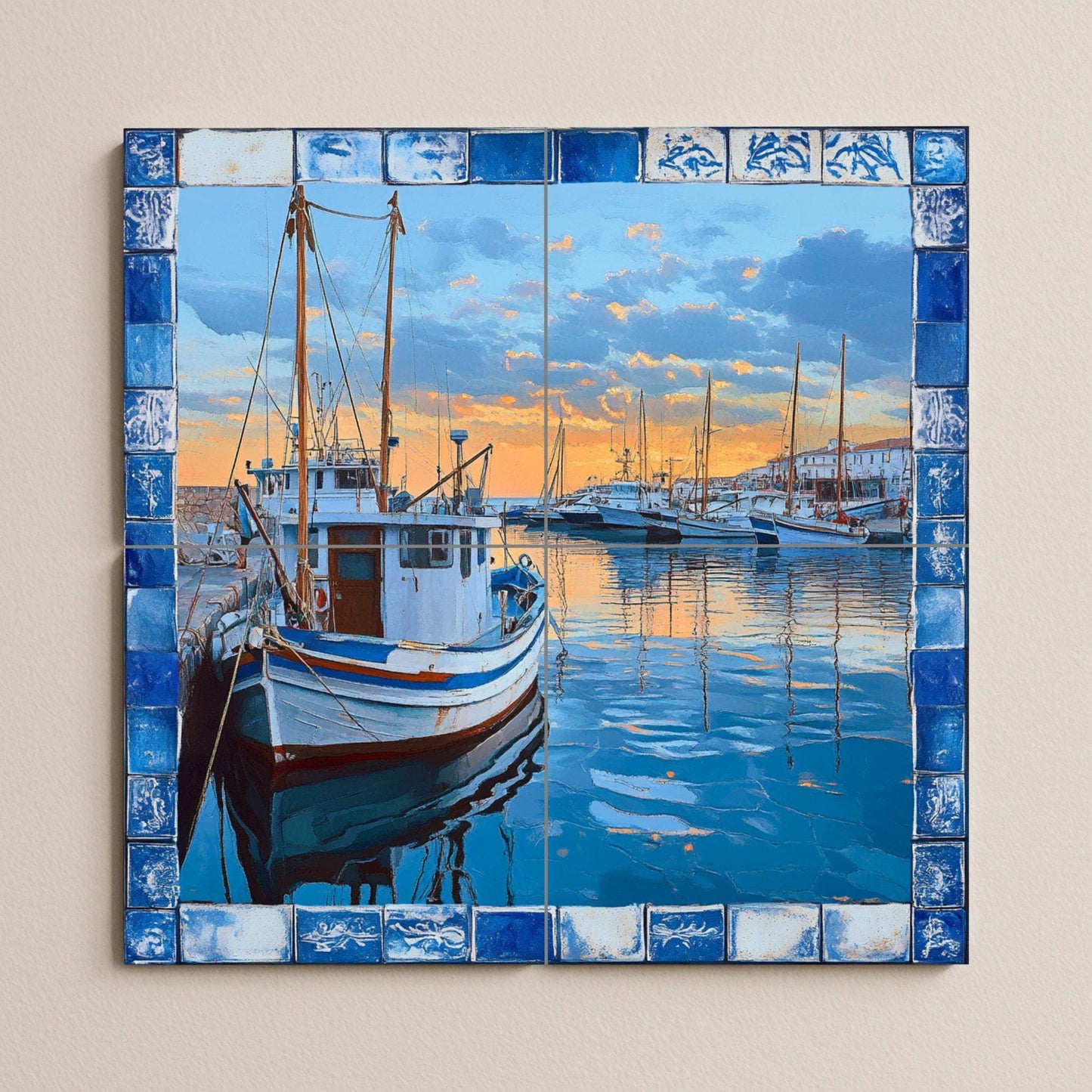 Ceramic mural of the fishing port of the Costa Brava: scene of a boat with reflections of the sunset, inspired by Cadaqués, Palamós and Calella de Palafrugell