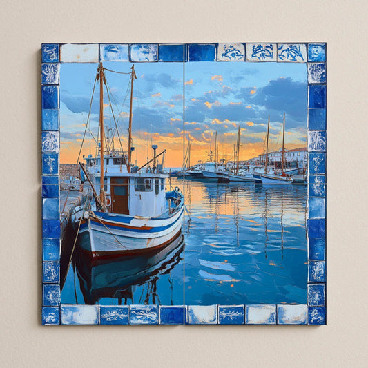 Ceramic mural of the fishing port of the Costa Brava: scene of a boat with reflections of the sunset, inspired by Cadaqués, Palamós and Calella de Palafrugell