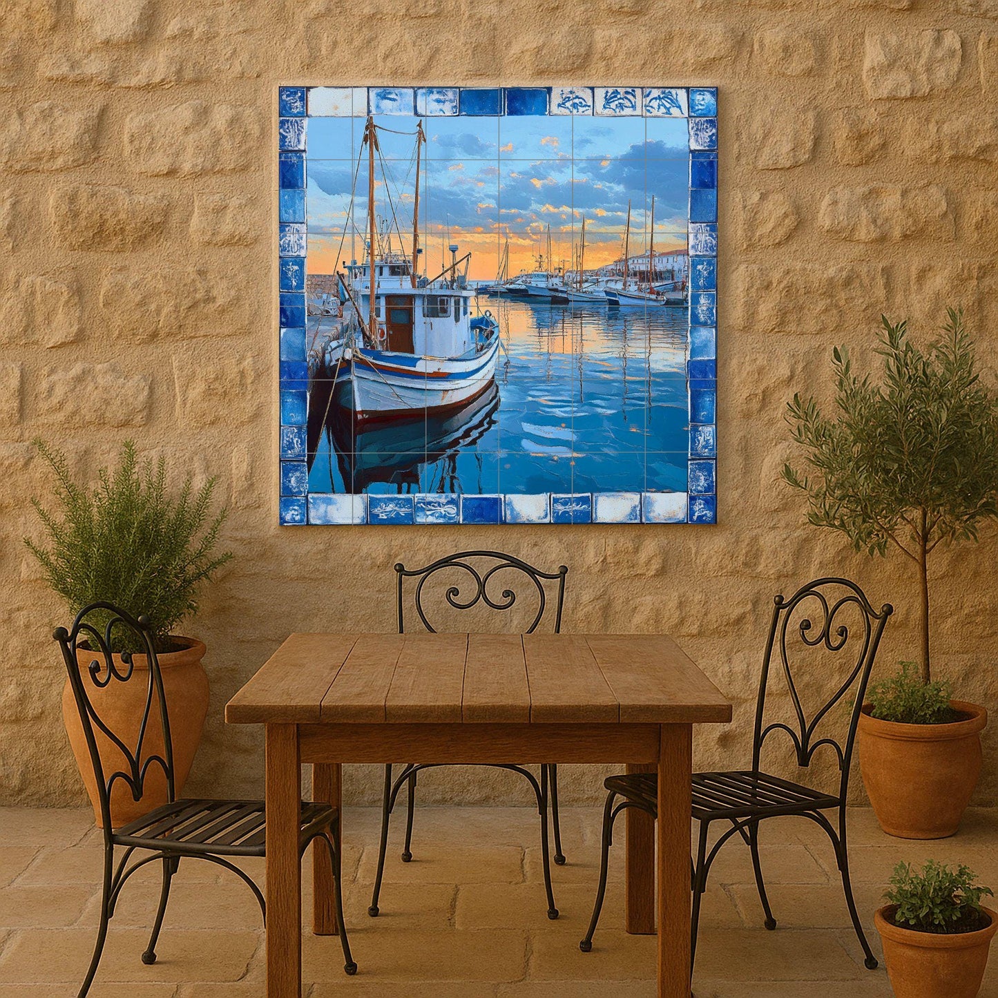 Ceramic mural of the fishing port of the Costa Brava: scene of a boat with reflections of the sunset, inspired by Cadaqués, Palamós and Calella de Palafrugell