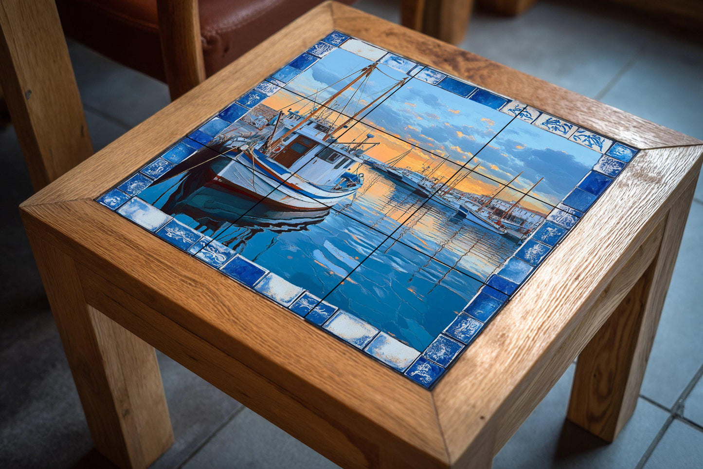 Ceramic mural of the fishing port of the Costa Brava: scene of a boat with reflections of the sunset, inspired by Cadaqués, Palamós and Calella de Palafrugell