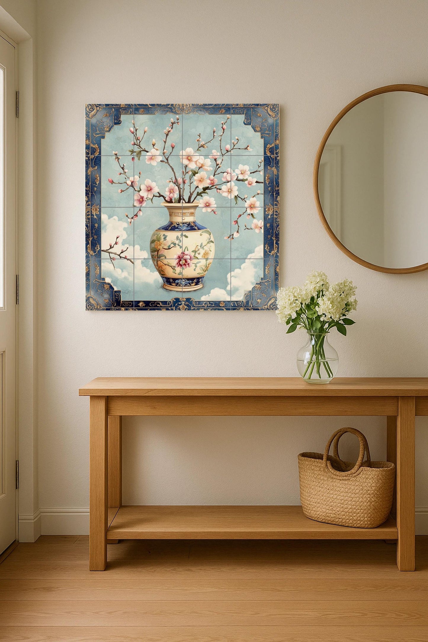 Luxury ceramic mural with porcelain flowers: elegant blue and gold vase, a sophisticated oriental tile panel for refined interiors.