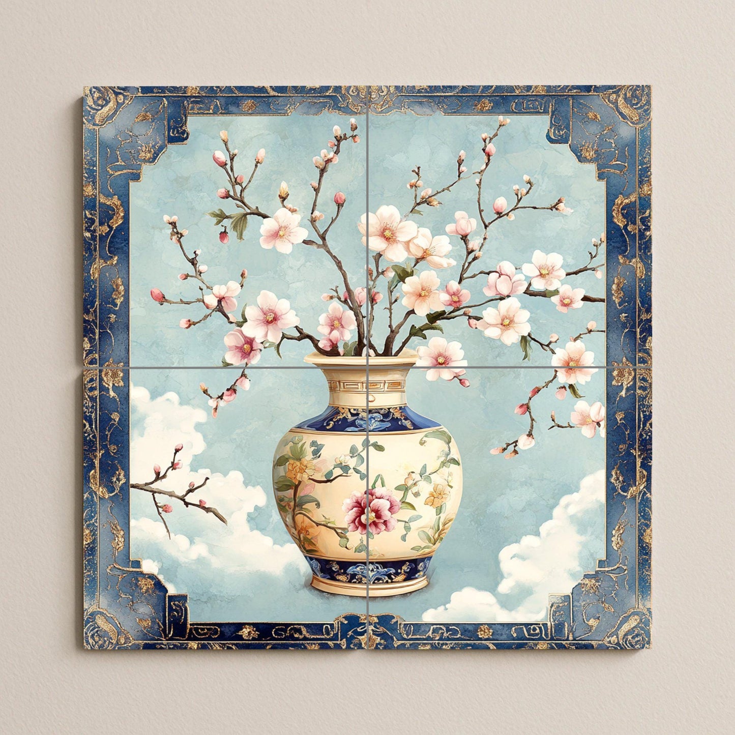 Luxury ceramic mural with porcelain flowers: elegant blue and gold vase, a sophisticated oriental tile panel for refined interiors.