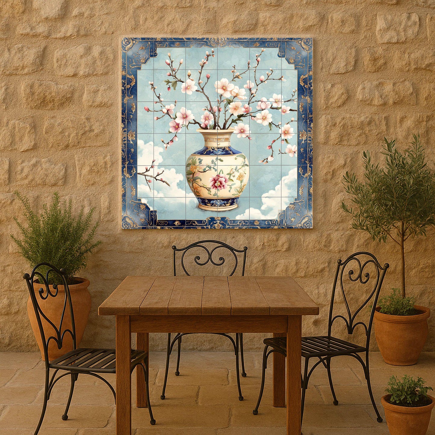 Luxury ceramic mural with porcelain flowers: elegant blue and gold vase, a sophisticated oriental tile panel for refined interiors.