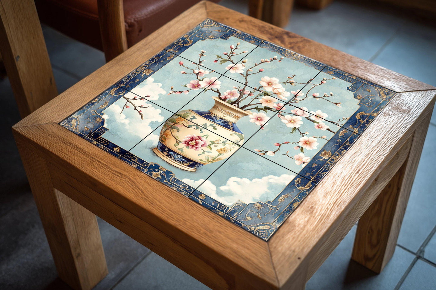 Luxury ceramic mural with porcelain flowers: elegant blue and gold vase, a sophisticated oriental tile panel for refined interiors.