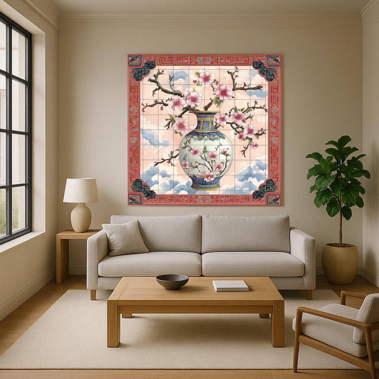 Ceramic mural with Chinese porcelain vase: Plum blossom wall art with oriental borders, inspired by the traditions of Jingdezhen, Suzhou and Hangzhou.