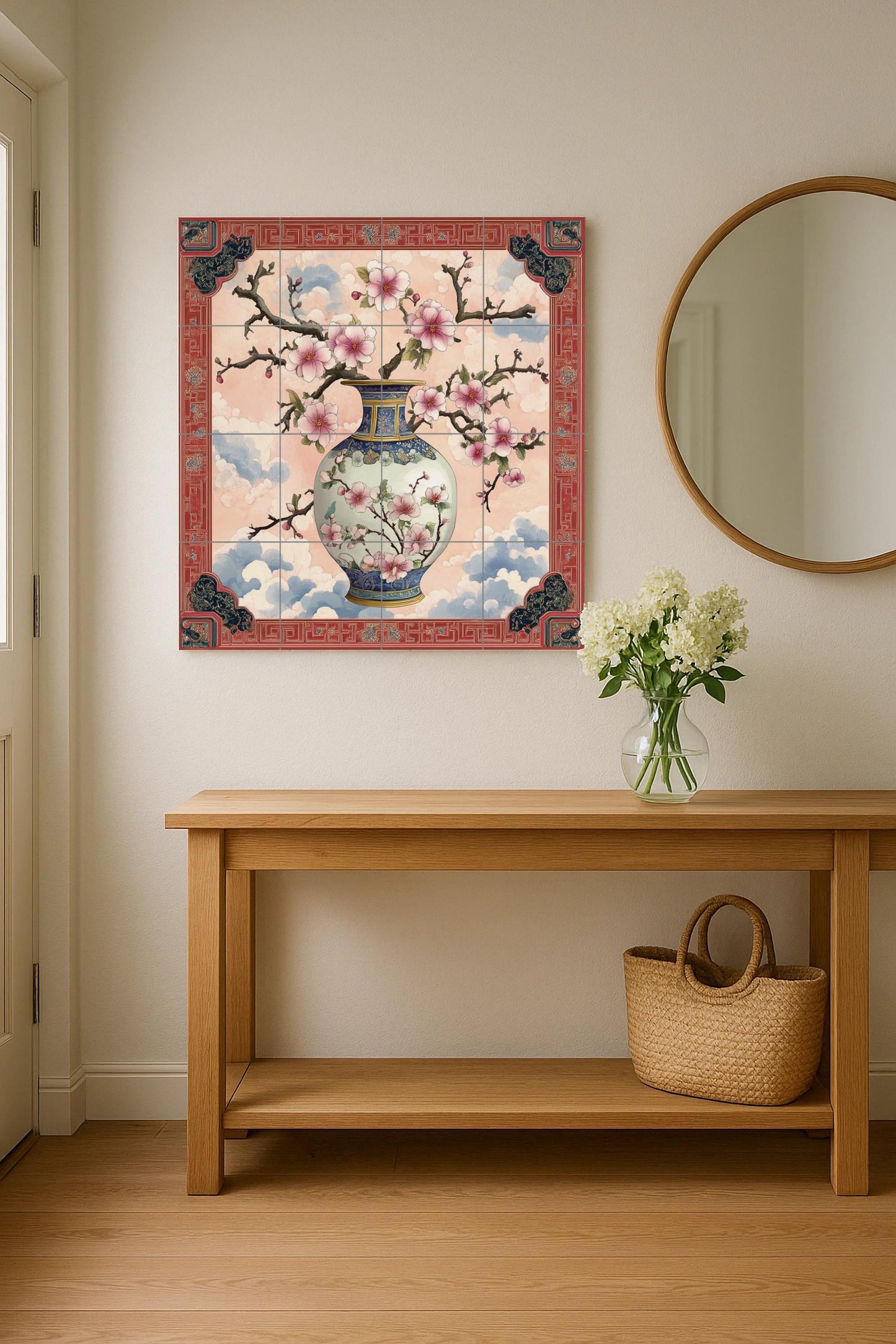 Ceramic mural with Chinese porcelain vase: Plum blossom wall art with oriental borders, inspired by the traditions of Jingdezhen, Suzhou and Hangzhou.