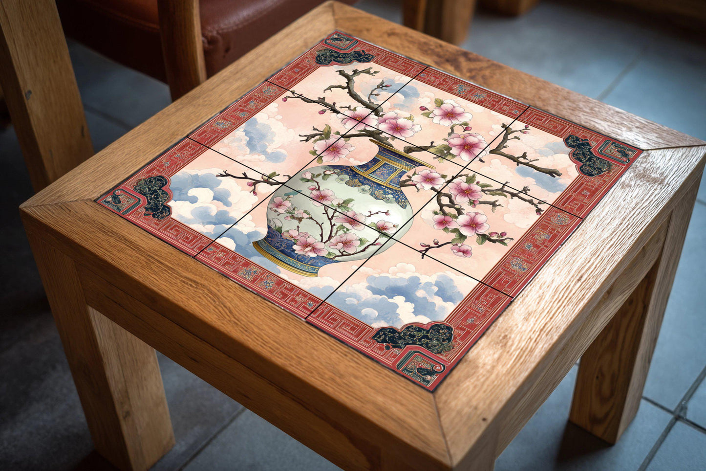 Ceramic mural with Chinese porcelain vase: Plum blossom wall art with oriental borders, inspired by the traditions of Jingdezhen, Suzhou and Hangzhou.