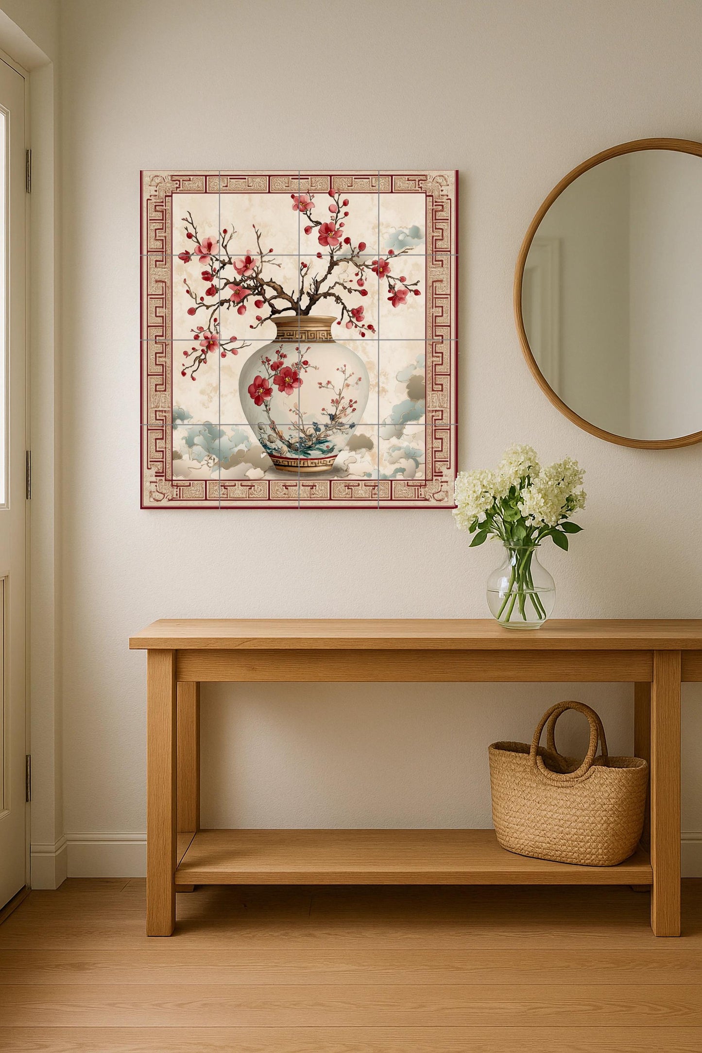 Oriental plum blossom ceramic mural: Chinese porcelain vase with floral motifs, decorative cloud border, elegant handcrafted tile art.