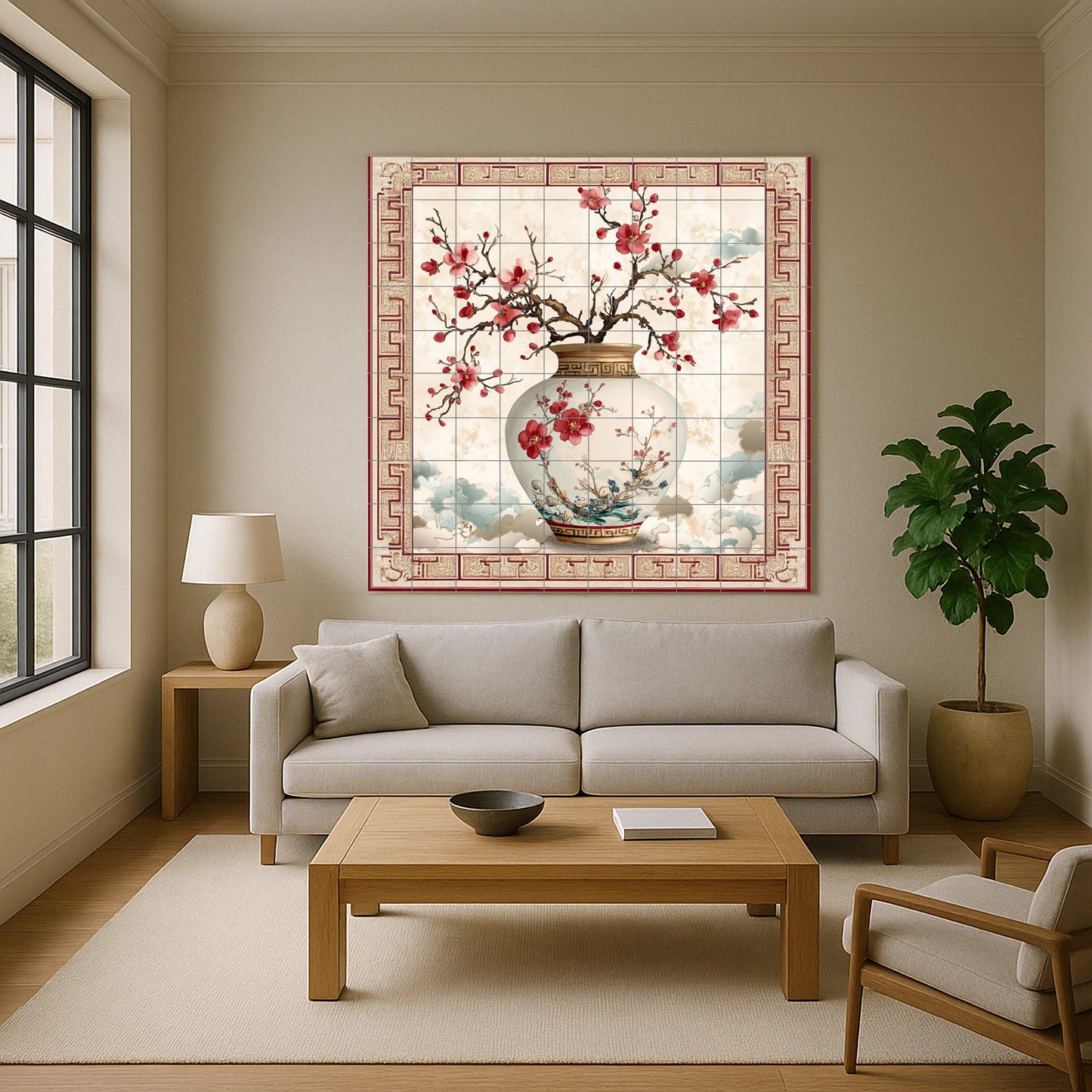 Oriental plum blossom ceramic mural: Chinese porcelain vase with floral motifs, decorative cloud border, elegant handcrafted tile art.