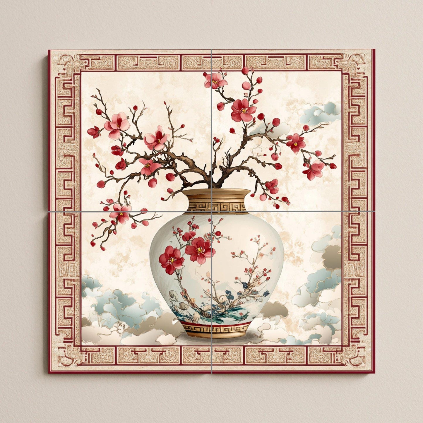Oriental plum blossom ceramic mural: Chinese porcelain vase with floral motifs, decorative cloud border, elegant handcrafted tile art.