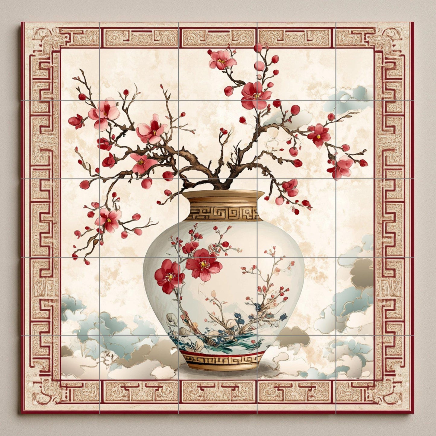 Oriental plum blossom ceramic mural: Chinese porcelain vase with floral motifs, decorative cloud border, elegant handcrafted tile art.