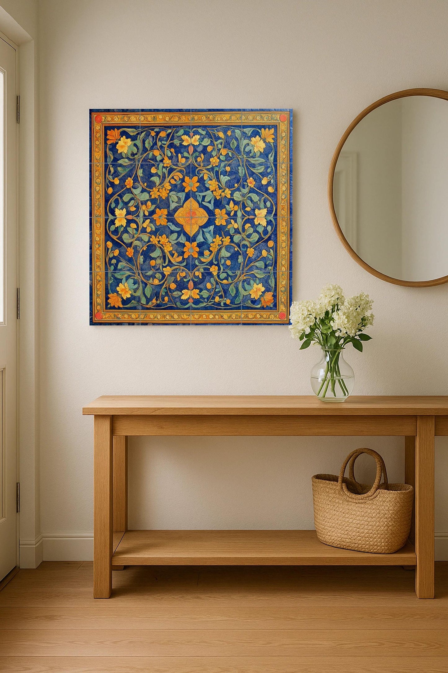Georgian cloisonné ceramic mural: gold floral design on deep blue, enamel-inspired decorative panel, traditional tile wall art.