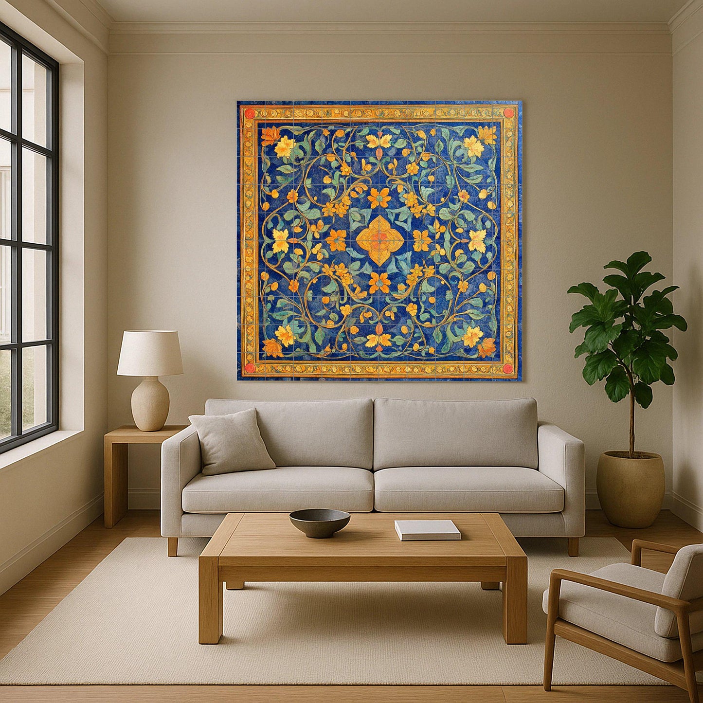 Georgian cloisonné ceramic mural: gold floral design on deep blue, enamel-inspired decorative panel, traditional tile wall art.