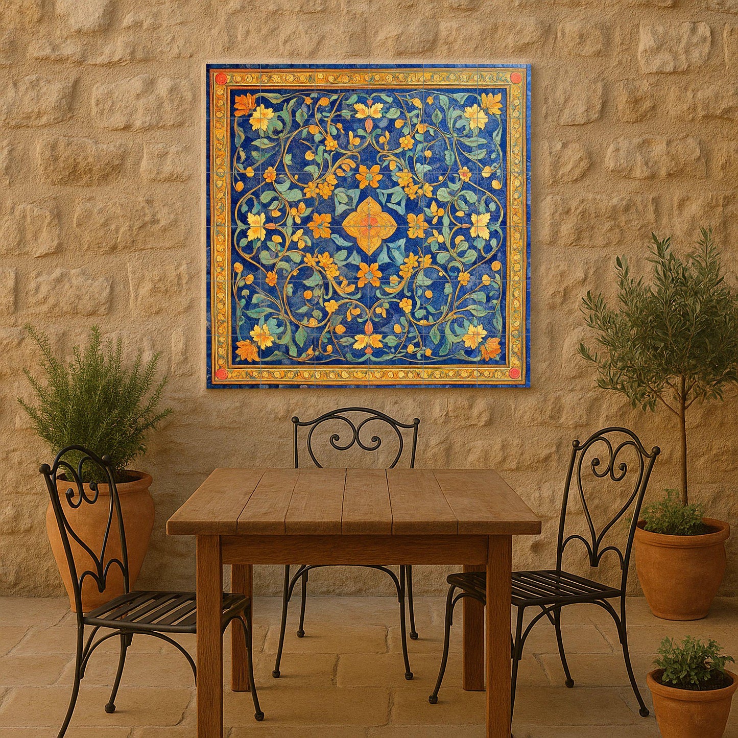 Georgian cloisonné ceramic mural: gold floral design on deep blue, enamel-inspired decorative panel, traditional tile wall art.