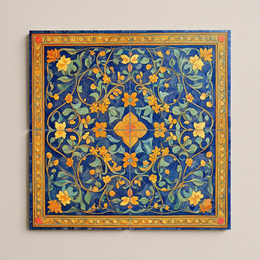 Georgian cloisonné ceramic mural: gold floral design on deep blue, enamel-inspired decorative panel, traditional tile wall art.