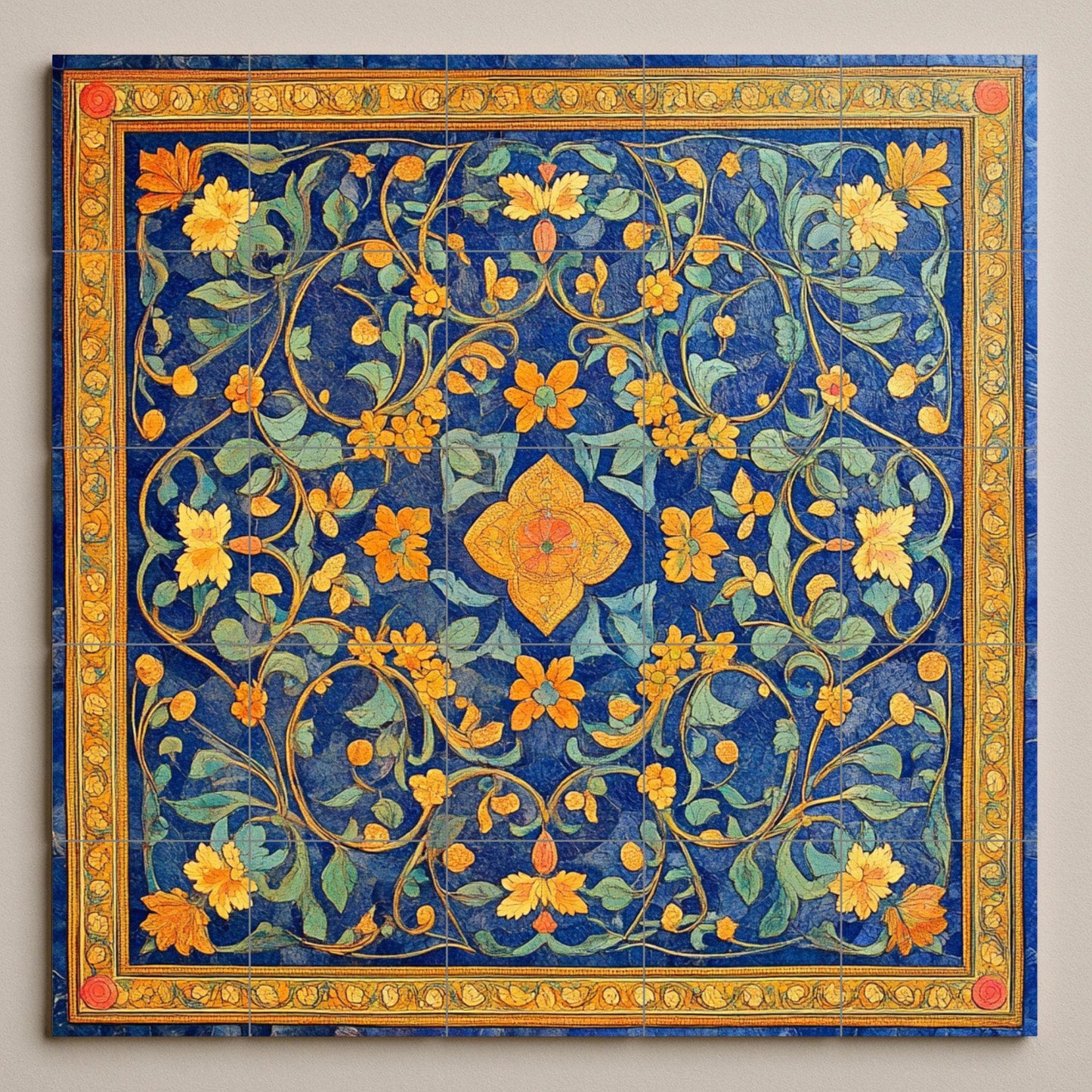 Georgian cloisonné ceramic mural: gold floral design on deep blue, enamel-inspired decorative panel, traditional tile wall art.