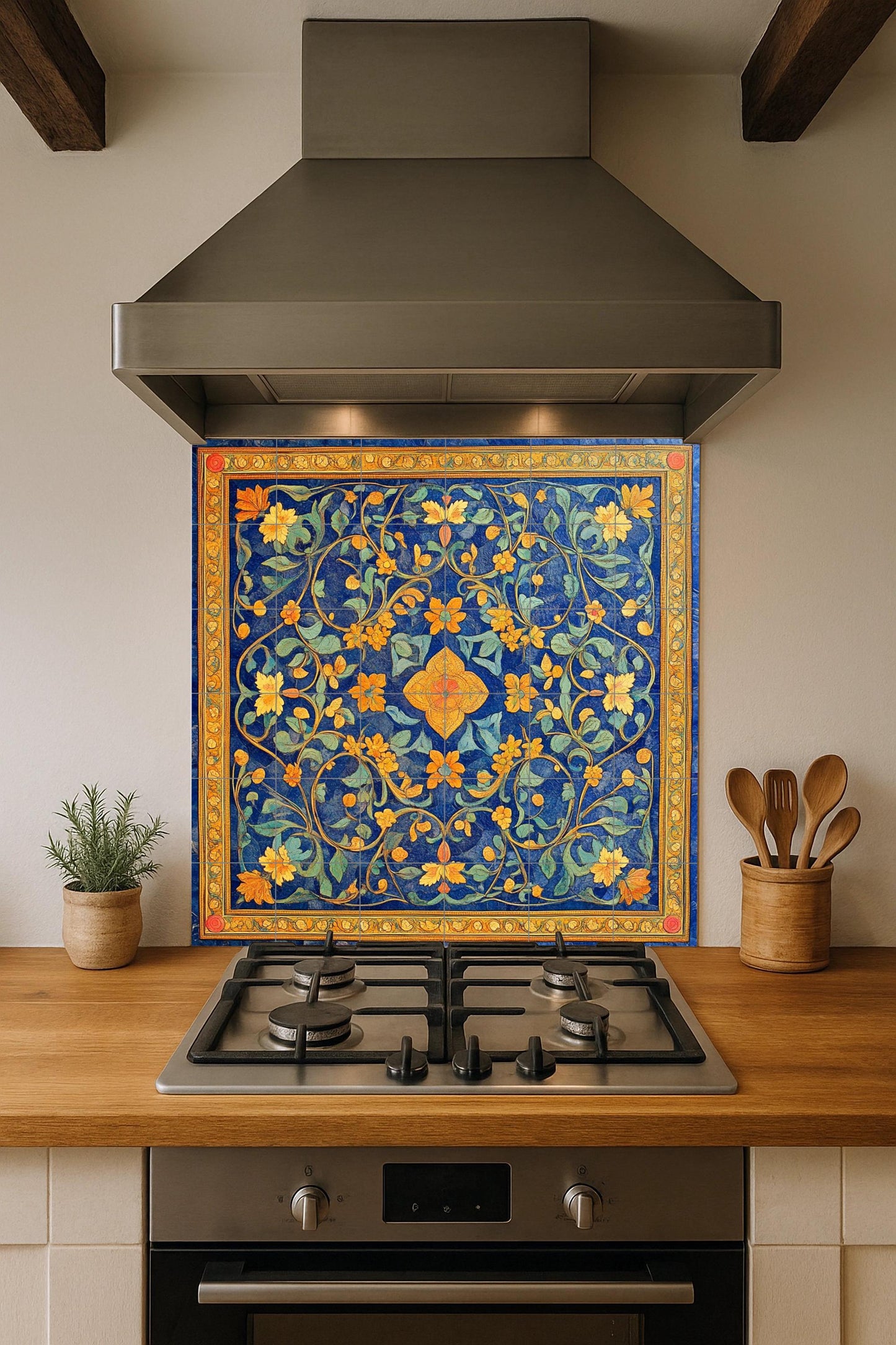 Georgian cloisonné ceramic mural: gold floral design on deep blue, enamel-inspired decorative panel, traditional tile wall art.