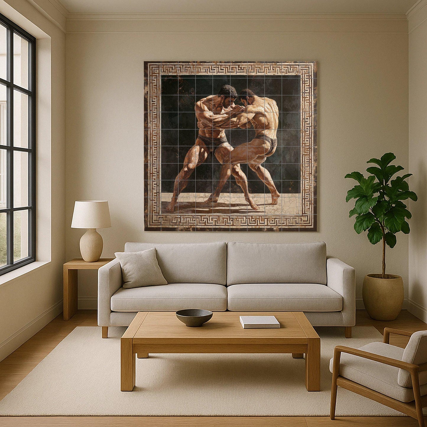 Ancient Greek wrestling ceramic mural: Classic athletic combat scene, mythical strength wall panel, heritage tile art with geometric border