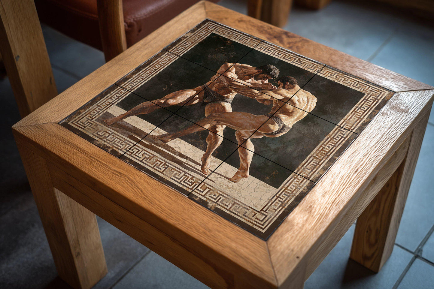 Ancient Greek wrestling ceramic mural: Classic athletic combat scene, mythical strength wall panel, heritage tile art with geometric border