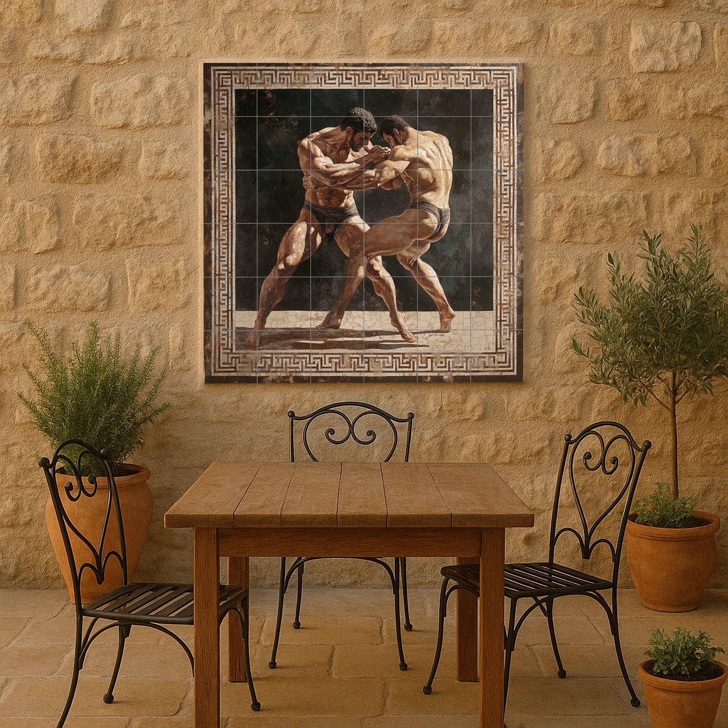Ancient Greek wrestling ceramic mural: Classic athletic combat scene, mythical strength wall panel, heritage tile art with geometric border