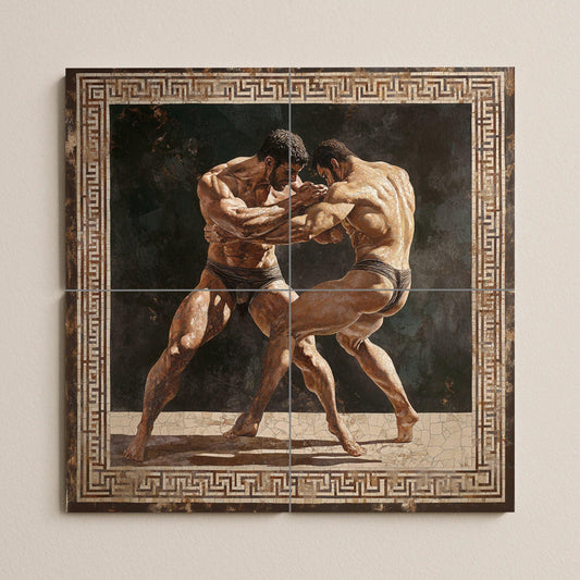 Ancient Greek wrestling ceramic mural: Classic athletic combat scene, mythical strength wall panel, heritage tile art with geometric border