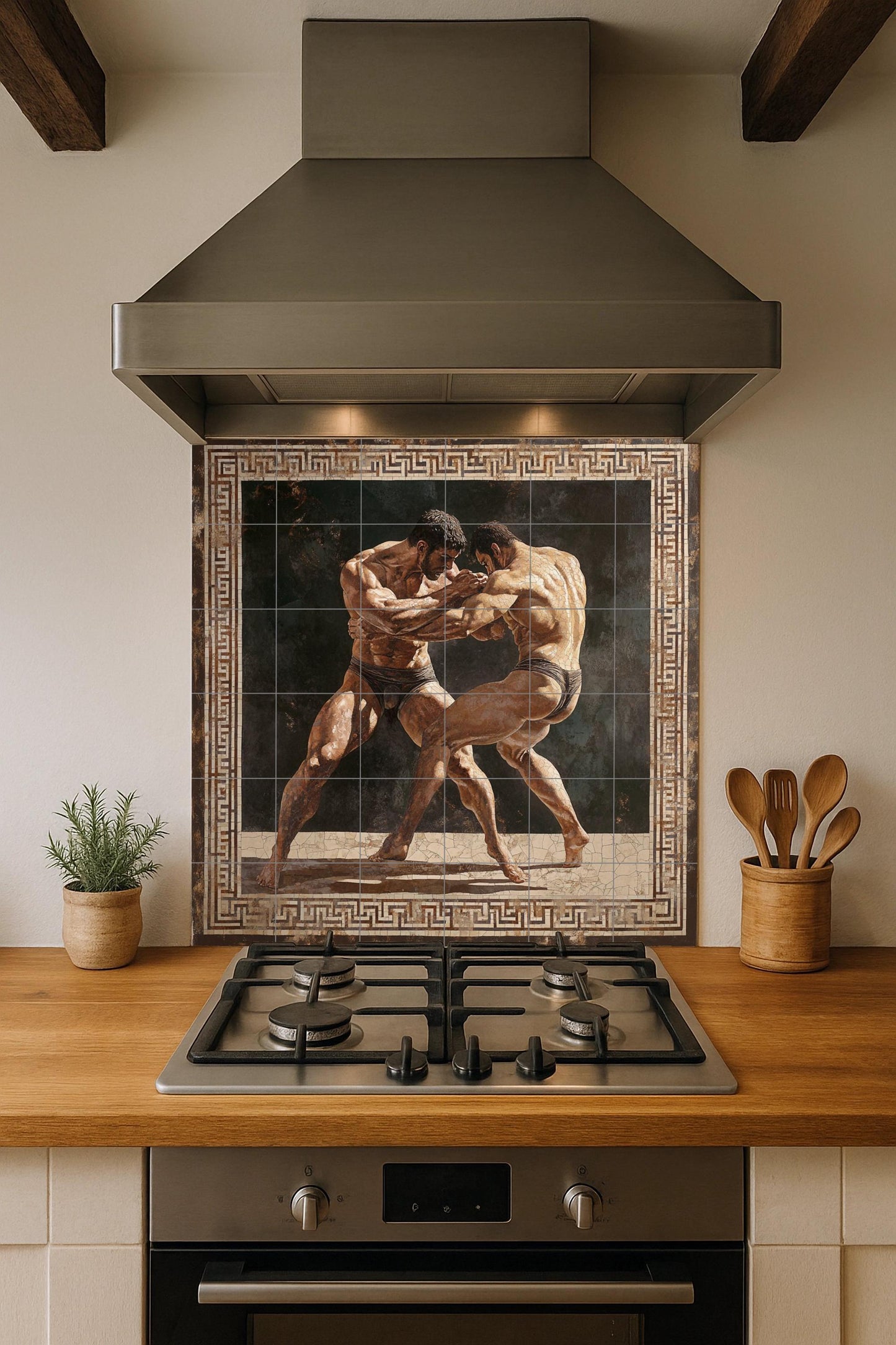 Ancient Greek wrestling ceramic mural: Classic athletic combat scene, mythical strength wall panel, heritage tile art with geometric border