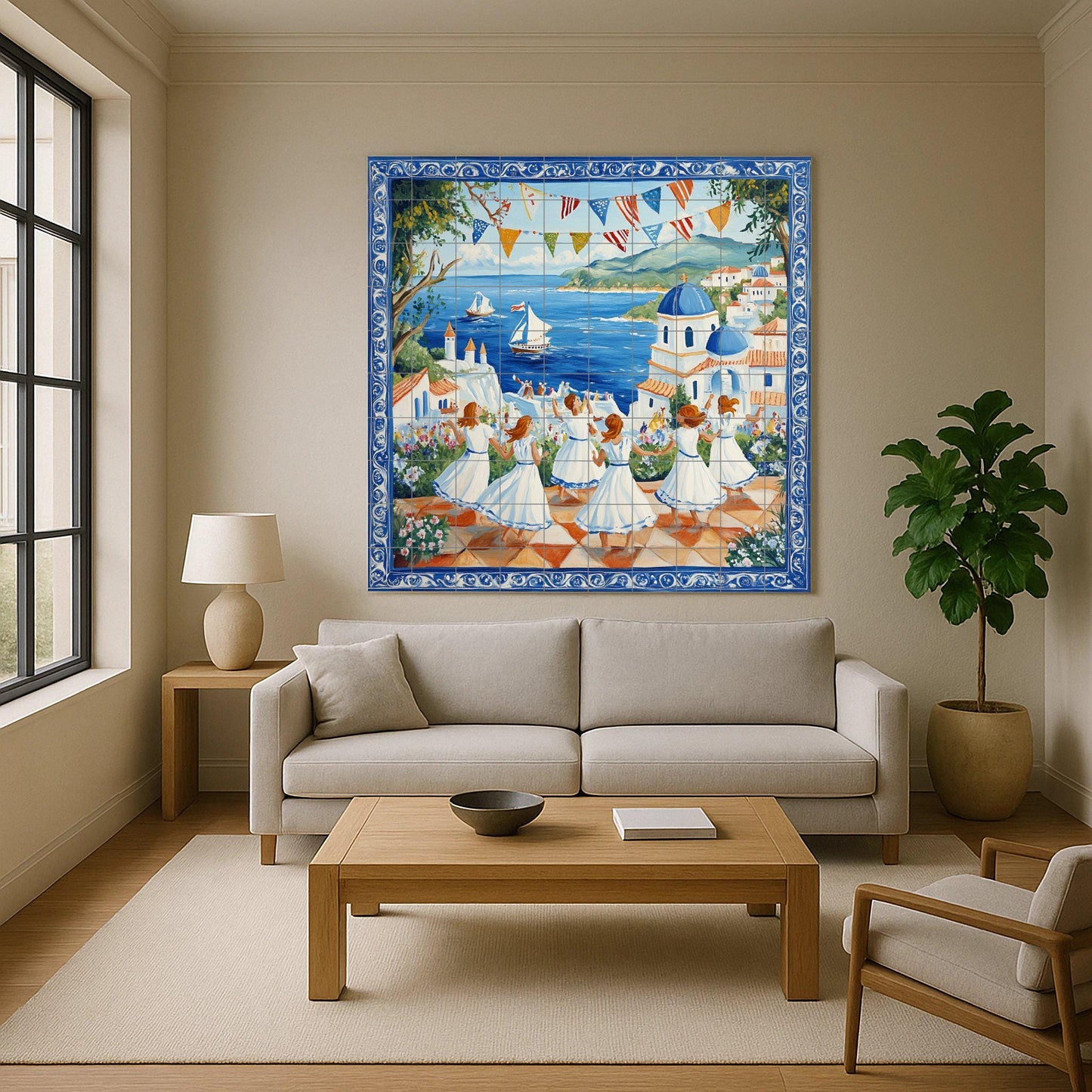Ceramic mural of the Mediterranean Festival: Celebration in a coastal village with dancing women, blue domes and sailboats, handcrafted tile wall.