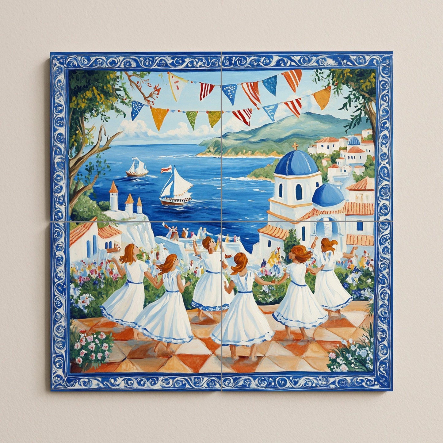 Ceramic mural of the Mediterranean Festival: Celebration in a coastal village with dancing women, blue domes and sailboats, handcrafted tile wall.