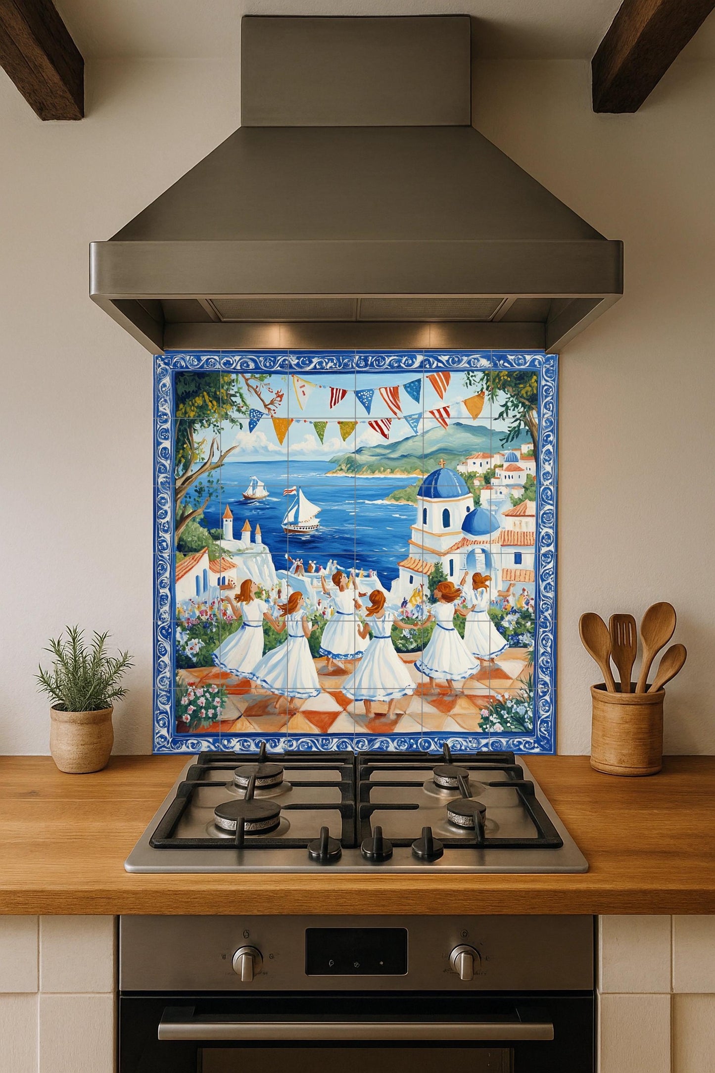 Ceramic mural of the Mediterranean Festival: Celebration in a coastal village with dancing women, blue domes and sailboats, handcrafted tile wall.