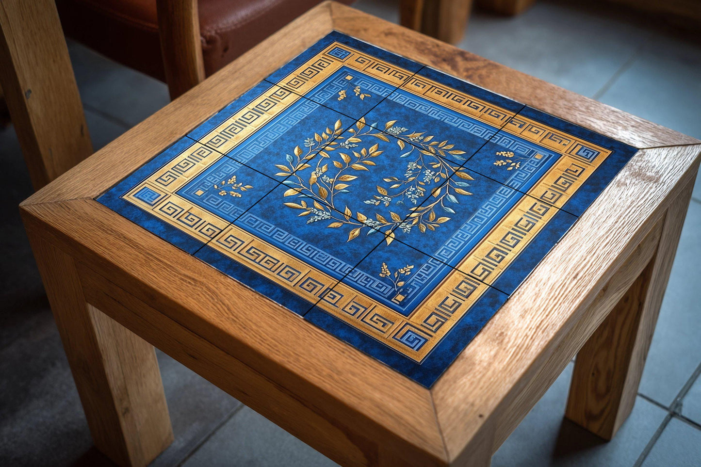 Cobalt Blue and Gold Ceramic Mural: Ornamental Laurel Wreath with Greek Key Border, Classic Decorative Tile Wall Panel, Luxurious Design