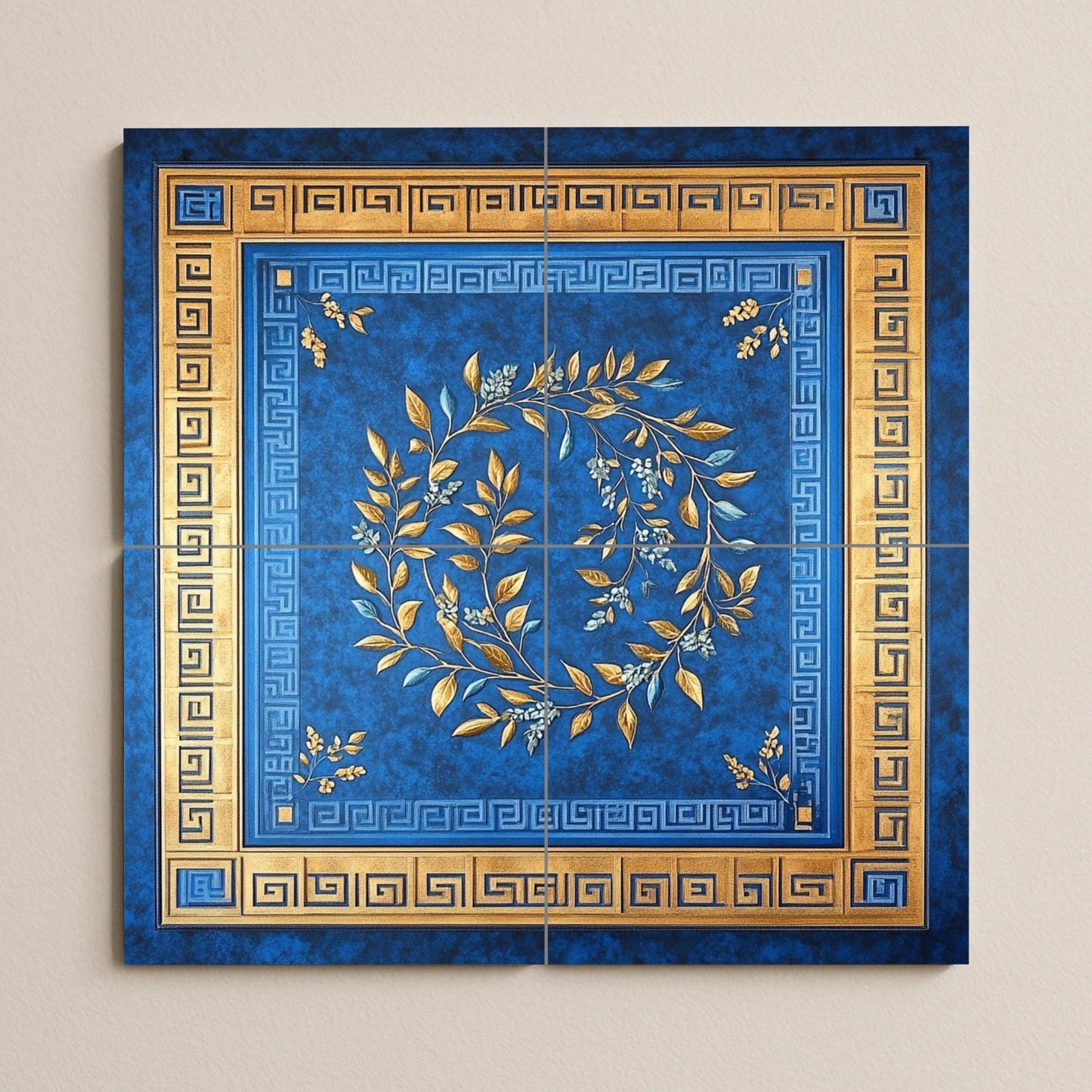 Cobalt Blue and Gold Ceramic Mural: Ornamental Laurel Wreath with Greek Key Border, Classic Decorative Tile Wall Panel, Luxurious Design